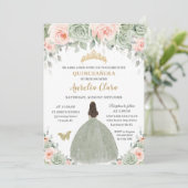 Invitation Chic Sage Vert Blush Floral Or Quinceañera XV (Debout devant)