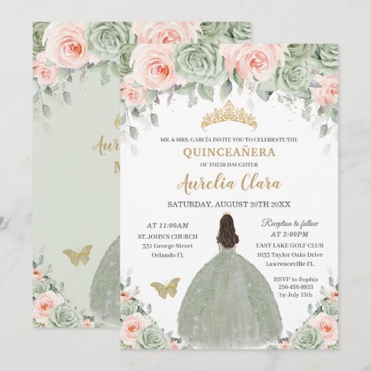 Invitation Chic Sage Vert Blush Floral Or Quinceañera XV (Devant / Derrière)