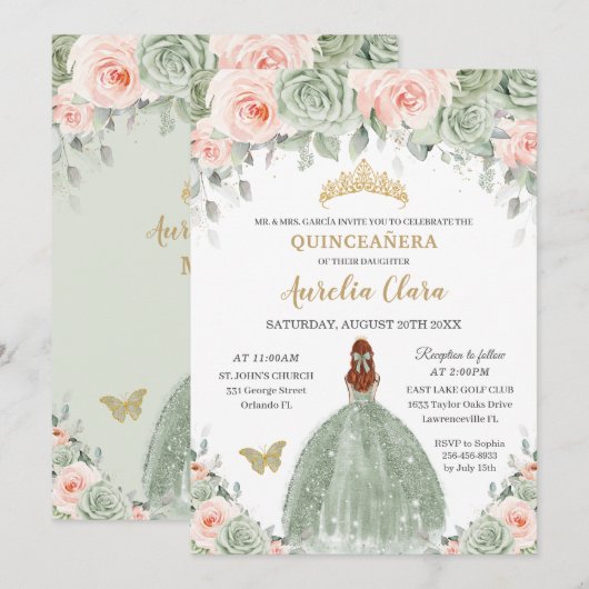 Invitation Chic Sage Vert Blush Floral Rouge Cheveux Quinceañ (Devant / Derrière)