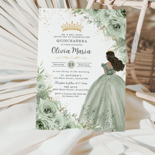 Invitation Chic Sage Vert Floral Brown Princesse Quinceañera