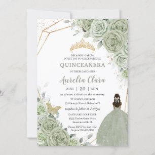 Invitation Chic Sage Vert Floral Brown Princesse Quinceañera