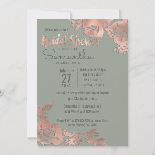 Invitation Chic Sage Vert Rose or Fête des mariées Florale  (Devant)
