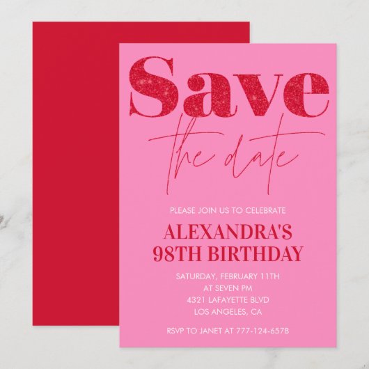 Invitation Chic Save the date Rouge Rose 98e anniversaire (Devant / Derrière)