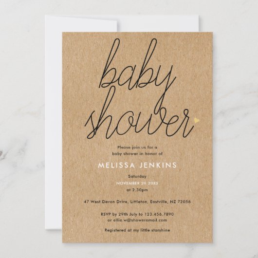 Invitation Chic Script Baby shower Gold Coeurs Rustique Kraft (Devant)
