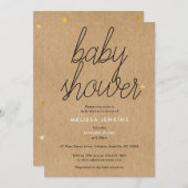 Invitation Chic Script Baby shower Gold Coeurs Rustique Kraft (Devant / Derrière)