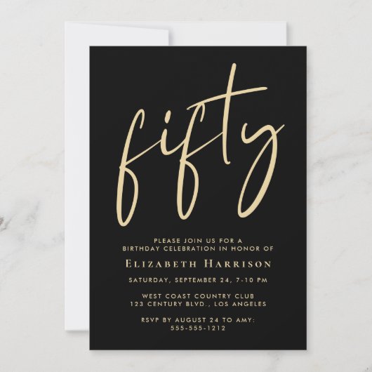 Invitation Chic Script Black Gold 50e fête d'anniversaire (Devant)