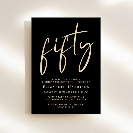 Invitation Chic Script Black Gold 50e fête d'anniversaire
