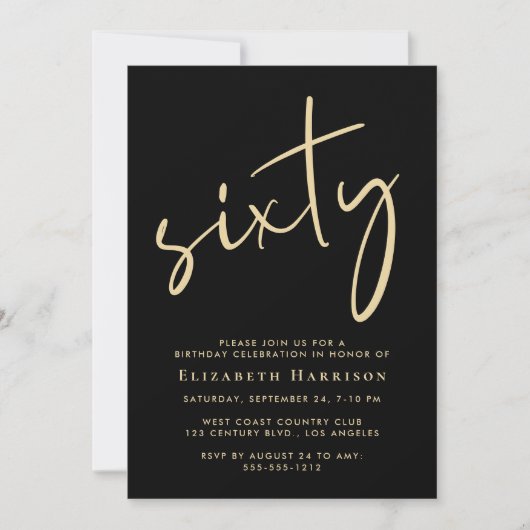 Invitation Chic Script Black Gold 60e fête d'anniversaire (Devant)