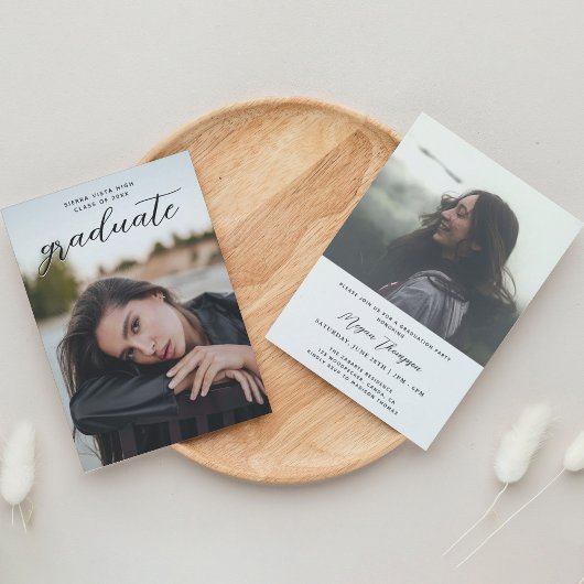Invitation Chic Script Black Two Photo Graduation Party