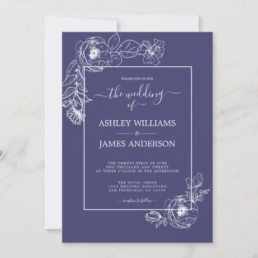 Invitation Chic Script Blanc Floral Outline Marine Blue Maria (Devant)