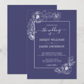 Invitation Chic Script Blanc Floral Outline Marine Blue Maria (Devant / Derrière)