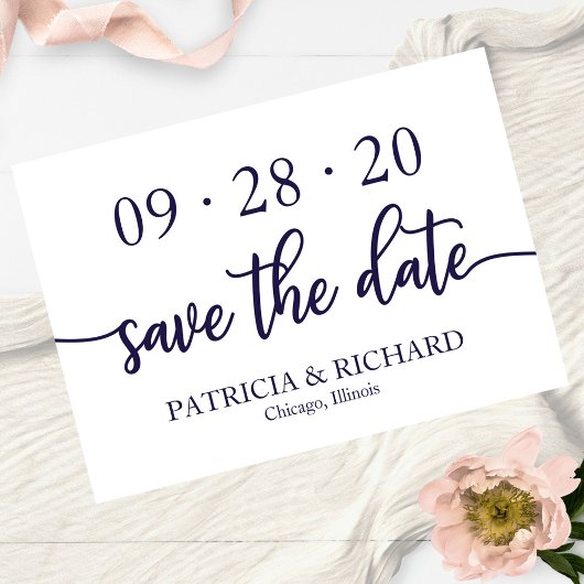 Invitation Chic Script Bleu Nuit Blanc Mariage Économisez La