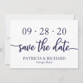 Invitation Chic Script Bleu Nuit Blanc Mariage Économisez La (Devant)