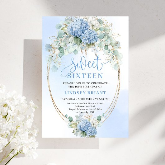 Invitation Chic Script Blue Hydrangea Gold Sweet Sixteen