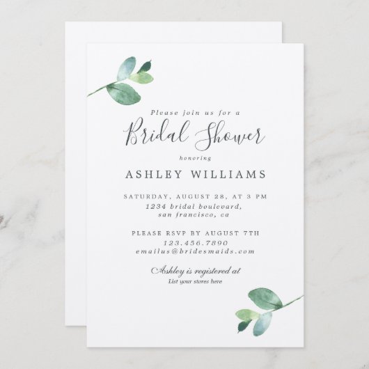 Invitation Chic Script Eucalyptus Foliage Fête des mariées (Devant / Derrière)