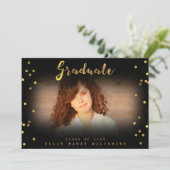 Invitation Chic Script Faux Gold Foil Confetti Graduate Photo (Debout devant)