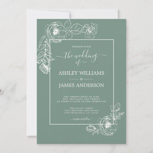 Invitation Chic Script Floral Outline Dusty Green Mariage (Devant)
