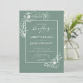 Invitation Chic Script Floral Outline Dusty Green Mariage (Debout devant)
