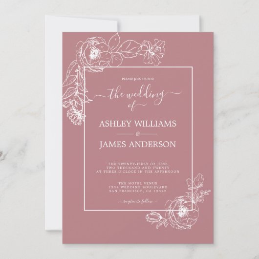 Invitation Chic Script Floral Outline Dusty Rose Mariage (Devant)