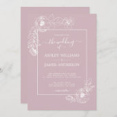 Invitation Chic Script Floral Outline Pastel Purple Mariage (Devant / Derrière)