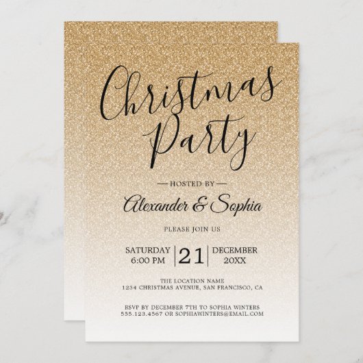 Invitation Chic Script Gold Parties scintillant Ombre Noël Pa (Devant / Derrière)