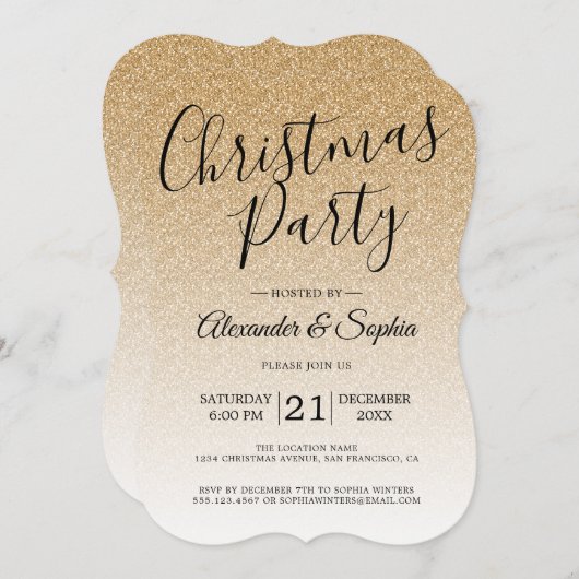 Invitation Chic Script Gold Parties scintillant Ombre Noël Pa (Devant / Derrière)