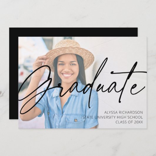 Invitation Chic Script H Photo Graduation Party Black (Devant / Derrière)