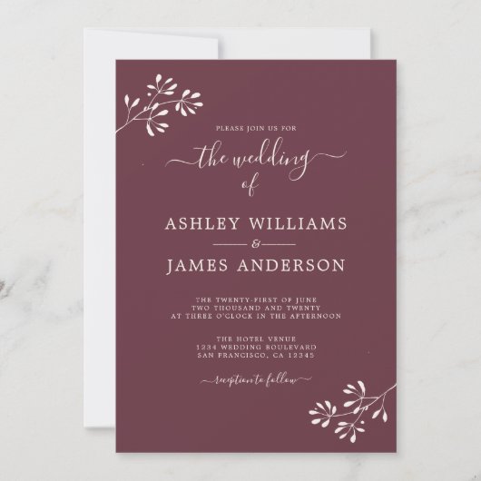 Invitation Chic Script Ivoire Foliage Bourgogne Mariage (Devant)