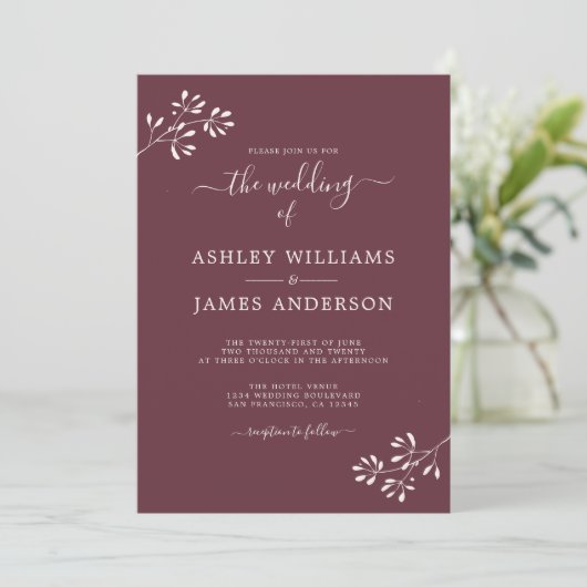 Invitation Chic Script Ivoire Foliage Bourgogne Mariage (Debout devant)