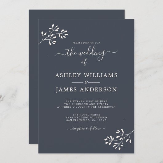 Invitation Chic Script Liège ivoire Mariage bleu foncé (Devant / Derrière)