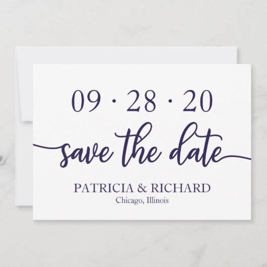 Invitation Chic Script Marine Bleu Mariage Blanc Enregistrer  (Devant)