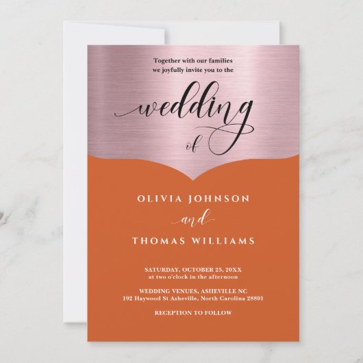 Invitation Chic Script Orange Metallic Rose Mariage or (Devant)
