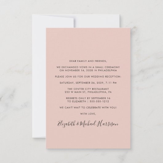 Invitation Chic Script Photo Blush Rose Mariage Réception (Dos)