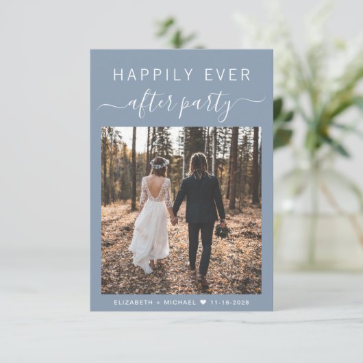 Invitation Chic Script Photo Dusty Blue Wedding Réception (Debout devant)