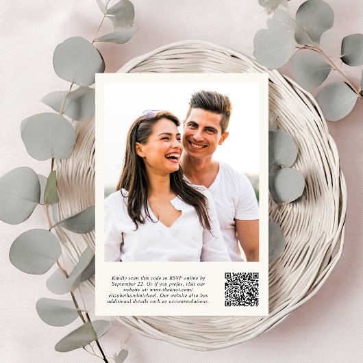 Invitation Chic Script Photo Overlay QR Code Cream Mariage