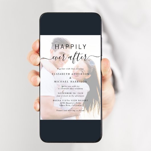 Invitation Chic Script Photo Overlay QR Code Mariage