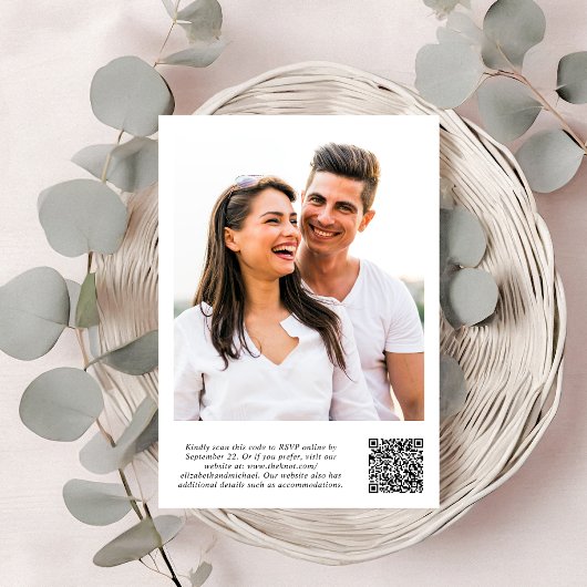 Invitation Chic Script Photo Overlay QR Code Mariage