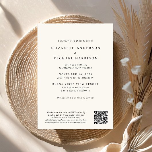 Invitation Chic Script Photo QR Code All In One Cream Mariage