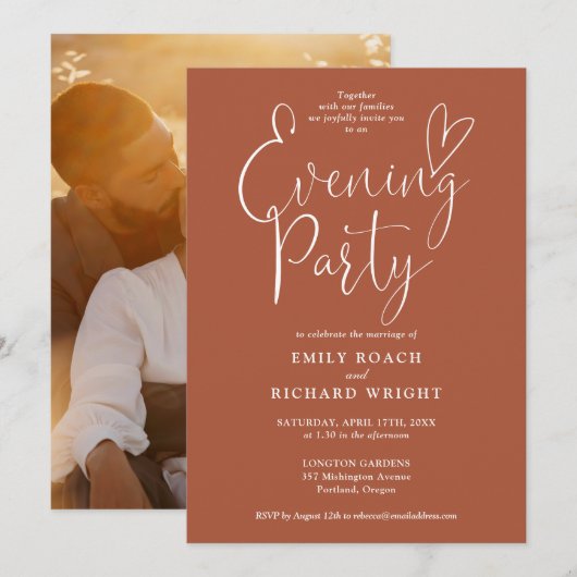 Invitation Chic Script Photo Terracotta Mariage Soirée (Devant / Derrière)