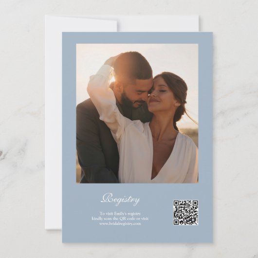 Invitation Chic Script QR Code Photo Dusty Blue Fête des mari (Dos)