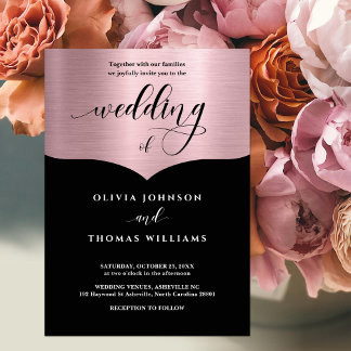 Invitation Chic Script Rose métal noir Mariage or
