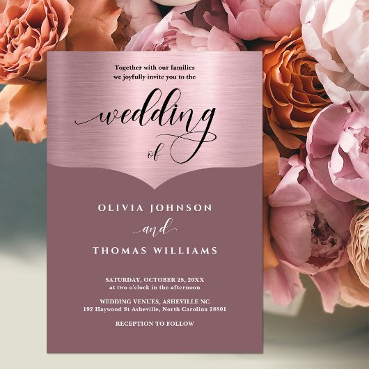 Invitation Chic Script rose Rose métal Mariage or