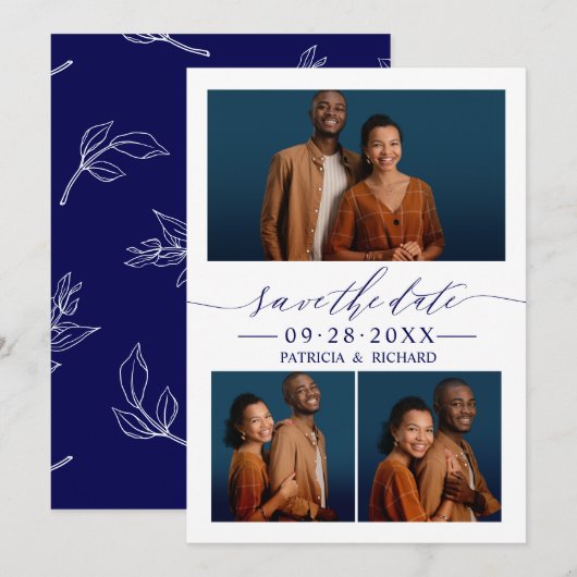 Invitation Chic Script Wedding Enregistrer La Date 3 Photo Co (Devant / Derrière)