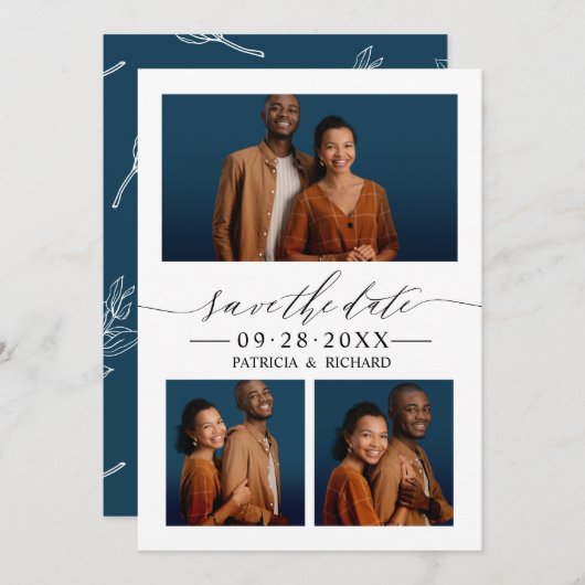 Invitation Chic Script Wedding Enregistrer La Date 3 Photo Co (Devant / Derrière)