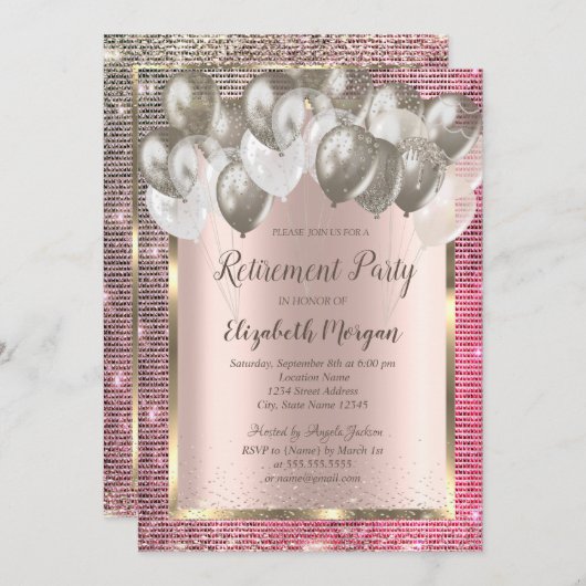 Invitation Chic Sequins Ballons Rose Gold Retirement (Devant / Derrière)