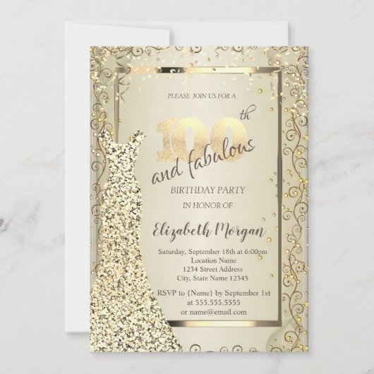 Invitation Chic Sequins Robe Or 100e anniversaire (Devant)