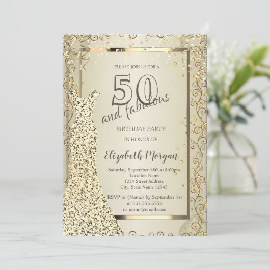 Invitation Chic Sequins Robe Or 50e anniversaire (Debout devant)