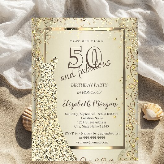 Invitation Chic Sequins Robe Or 50e anniversaire