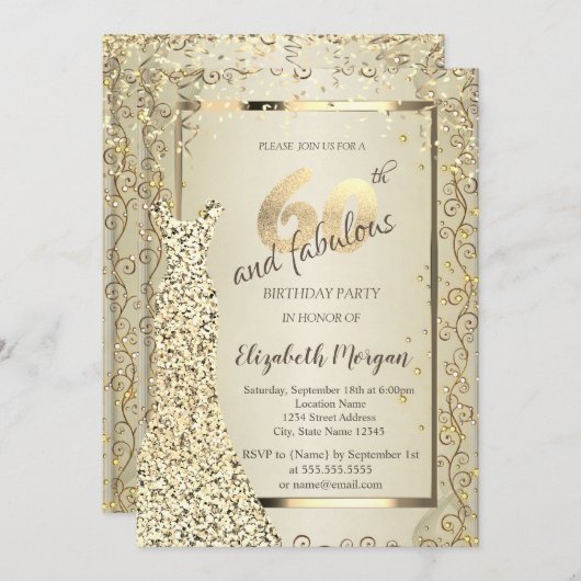 Invitation Chic Sequins Robe Or 60e anniversaire (Devant / Derrière)