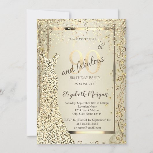 Invitation Chic Sequins Robe Or 90e anniversaire (Devant)